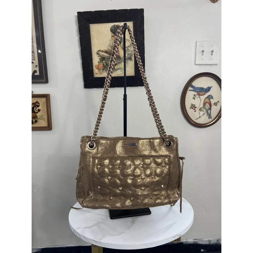 Rebecca Minkoff Metallic Gold Quilted Studded Leather Shoulder Chain Bag 91H
